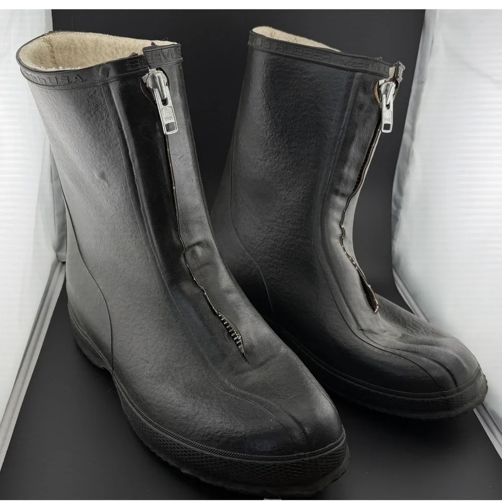 Servus Rubber: Black Zip Front Rain Boots, Fleece Lined Made in USA, Mens 9